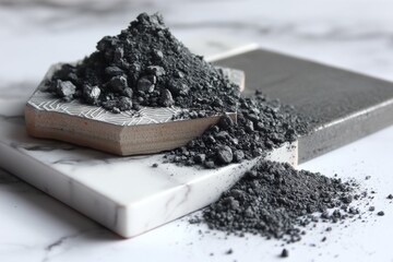 Poster - A close-up shot of a pile of black powder and granules on decorative ceramic plates, set against a light marble background, creating an intriguing textural contrast.