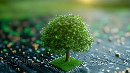 Aufkleber - Eco-Friendly Technology: A vibrant green tree, symbolizing nature and sustainability, flourishes atop a microchip, representing the fusion of technology and environment.