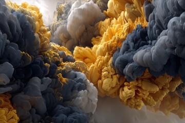 Poster - Abstract billowing clouds of golden yellow and dark gray merge and swirl, creating a dynamic contrast, with a soft, muted background providing a sense of depth.