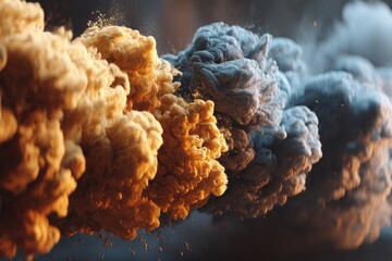 Poster - an impressive and dynamic display of golden and grayish smoke clouds swirling and mixing together, i