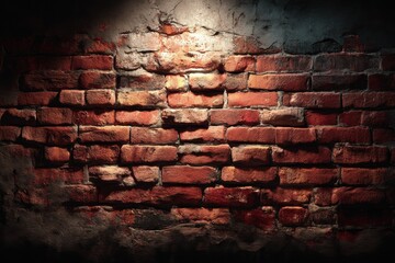 Poster - Detailed view of an old red brick wall, partially covered with cement, lit from above, creating a textural background with a vintage feel and rustic charm.