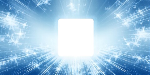 Poster - A radiant white square surrounded by blue light bursts and geometric patterns in a bright space