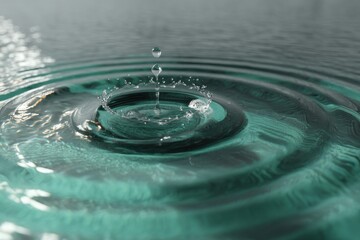 Poster - close-up shot capturing a water drop impact creating a splash and ripples on surface, showcasing the