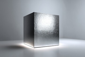 Poster - a shimmering silver cube, standing on a white surface, bathed in soft light, creating a minimalist a