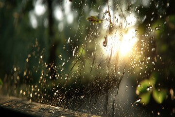 Poster - A mesmerizing view through a rain-streaked window, capturing the golden sunlight filtering through lush green foliage in a serene and calming outdoor nature scene.