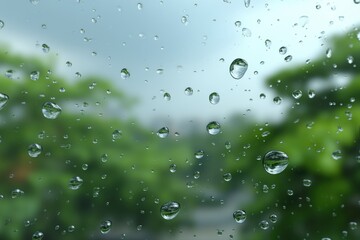 Poster - Close-up view of raindrops on a window with a blurred green background creates a serene, relaxing and peaceful atmosphere, evoking feelings of nature and calmness.