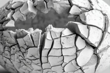 Poster - Cracked sphere showing interior with broken pieces in black and white photography, showcasing texture and depth, a conceptual representation of fragility and decay.
