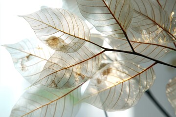 Poster - A delicate arrangement of translucent skeleton leaves, capturing the ethereal beauty of nature, showcasing intricate veins and delicate structures in a soft, gentle light.
