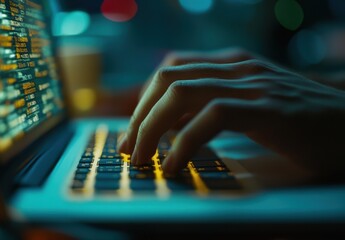 Close-up of hands typing on a laptop keyboard at night, with code displayed on the screen