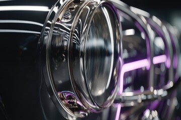 Poster - an abstract close-up of a modern vehicle headlight, showcasing intricate metal and chrome details wi