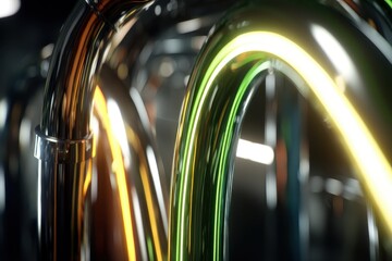 Poster - A close-up shot of shiny, metallic pipes with a vibrant green and orange gradient, reflecting light and creating a mesmerizing abstract industrial design with blurred background.