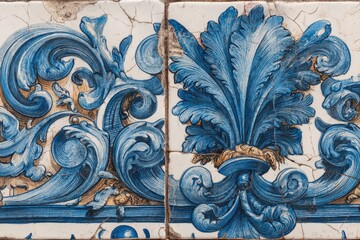 Poster - close up view of traditional old portuguese tiles with blue floral pattern and texture, a beautiful 