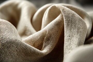 Poster - Close-up of draped beige linen fabric showing texture and folds, creating a soft and elegant pattern ideal for backgrounds and designs showcasing textiles.