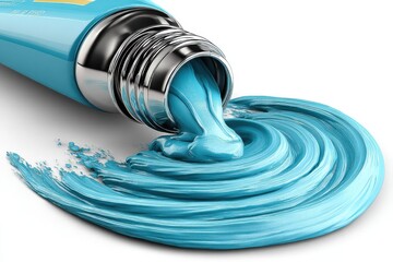Poster - A close-up shot of a tube of light blue paint being squeezed out, creating a swirl pattern, on a clean white background, showcasing texture and vibrant color.