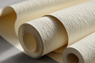 Poster - A close-up studio shot captures the textured surface of rolled cream-colored wallpaper, highlighting the intricate pattern and soft, neutral tone suitable for interior design.