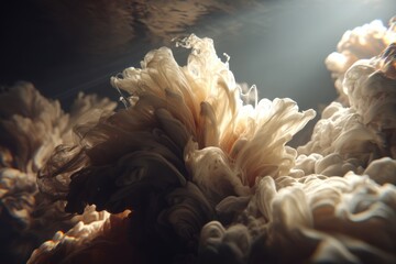 Poster - Abstract swirling clouds of beige and white resembling smoke or underwater currents, illuminated by a soft, ethereal light source creating depth and texture.