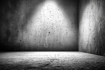 Poster - An abstract dark concrete interior space illuminated by a soft spotlight highlighting the rough textured walls and floor, casting dramatic shadows and creating a somber ambiance.