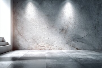 Poster - An interior scene featuring a textured concrete wall illuminated by spotlights, reflecting off a polished concrete floor, stairs on the left side and minimalist design elements.