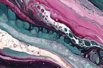 Poster - a vibrant abstract painting with swirling patterns of pink, teal, and white colors creating a mesmer