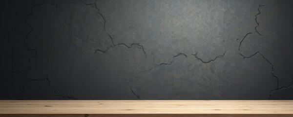 Poster - Empty wooden table for product display. Dark cracked wall background, wooden desk. Vintage, brown retro design, top view, empty, black, object, oak. Perfect for product placement, advertising design