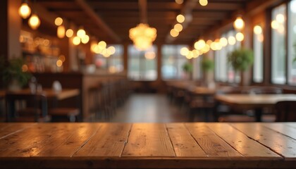 Poster - Empty wooden table top with lights bokeh on blur restaurant background. Blurred cozy cafe interior with lights. Ideal backdrop for product display or presentation. Bar, pub, dining, eatery.