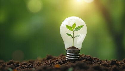 Aufkleber - Light bulb with growing green sprout inside. Symbol of eco-friendly, innovation and environmental awareness. Renewable energy, sustainability concept, clean technology on green background.