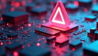 Poster - Futuristic illustration of neon warning sign on circuit board. Illuminated red alert symbol against dark background, representing data problem. Technology concept, modern design with vibrant colors,