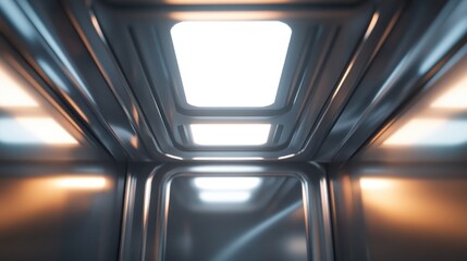 Poster - Futuristic metal corridor, illuminated by glowing lights.