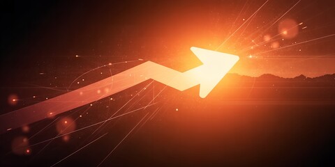 Poster - A glowing white arrow pointing upwards with bright light and a dark orange background scene