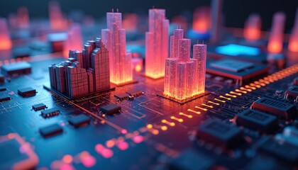 Aufkleber - Vibrant 3D cityscape rises from tech circuit board. Symbol of big data, digital transformation, representing innovation, progress. Artificial intelligence, modern technology, business, finance,