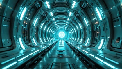 Aufkleber - Illustration of futuristic spacecraft interior. Glowing lights along corridor lead to portal. Tech design concept, exploring space, science. Digital art shows spaceship station.