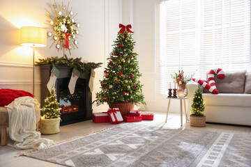 Poster - Cozy spacious room decorated for Christmas. Festive interior design