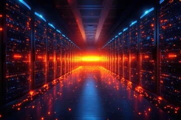 Aufkleber - Data Center Server Room with Fiber Optic Cables and Computer Servers