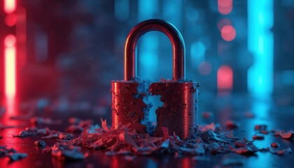 Leinwandbilder - Cracked padlock with shredded paper conceptualizing data security breach. Padlock, illuminated in red, blue neon lights, illustrates vulnerability, digital crime, cyber-attack risks. Illustrative of