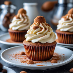 Poster - Tiramisu Cupcakes on a white plate on a kitchen background