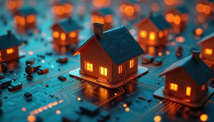 Fototapete - Smart home tech concept. Tiny houses on motherboard, connected with digital network, representing real estate, property, modern residential buildings, futuristic city. Tech innovation, automation,