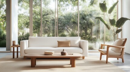 Poster - modern minimalist living room with natural light and greenery in the background