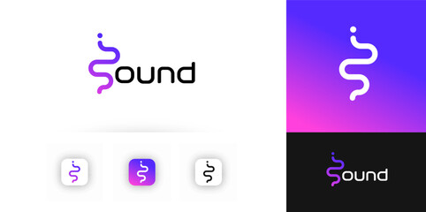 Poster - Modern sound wave logo design. Abstract dynamic shape with gradient for music app, audio streaming, podcast, tech or entertainment branding. Futuristic vibrant vector illustration