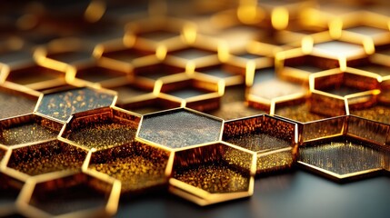 Poster - Macro View of Honeycomb Structure With Lush Honey Reflections Highlighting Intricate Patterns