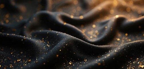 Aufkleber - Abstract black wavy background with golden glitter. Luxurious fabric with smooth texture, elegant design. For fashion, design projects, festive events, glamorous art.