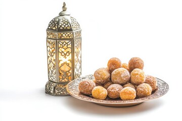 Poster - White background showcasing Eid candies and a festive lantern display.