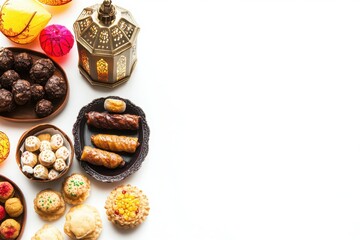 Poster - Eid celebration layout: traditional sweets and a glowing lantern, isolated.