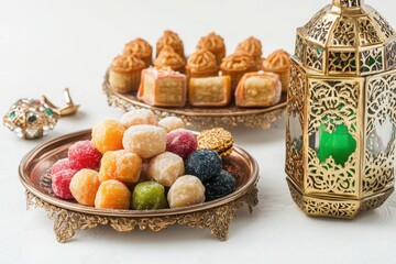 Poster - Isolated Eid sweets arranged with a decorative lantern on white.
