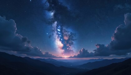 Aufkleber - Night mountain landscape with a bright starry sky. Milky way galaxy over mountains. Dark blue clouds at sunset. Universe, nature, travel, inspiration concept. Great illustration background for poster.