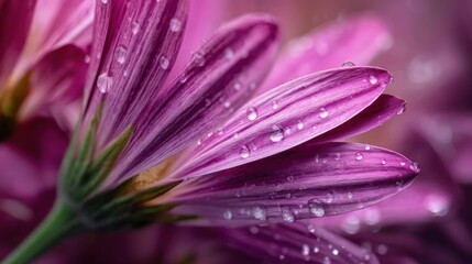 Leinwandbilder - Macro Shot of Pink Flower Petals Adorned With Water Droplets and Soft Shadows Highlighting Natural Beauty