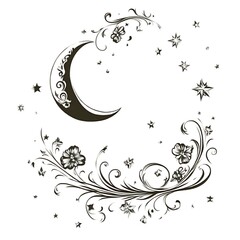 Wall Mural - Artistic Crescent Moon Surrounded by Flowers and Numerous Stars