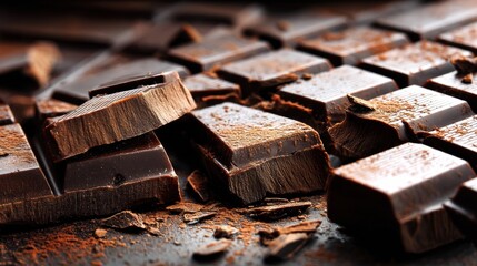 Poster - Macro View of Broken Chocolate Squares With Shiny Texture and Rich Cocoa Powder Detail on a Rustic Surface