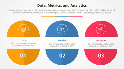 Aufkleber - Data metrics and analytics infographic concept for slide presentation with big circle cut truncated half slice with 3 point list with flat style