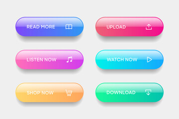 Fototapete - 3d click here web buttons. Set of action button, hand cursor and arrow pointing click link buttons. Add to cart, shop now, download buttons. Online shopping icons for UI UX website, mobile app.