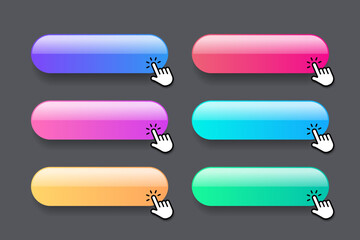 Fototapete - Click here web buttons with hand cursor. Set of action button with arrow pointer. Click button. Modern action button mouse click symbol. Computer mouse click cursor or Hand pointer symbol.